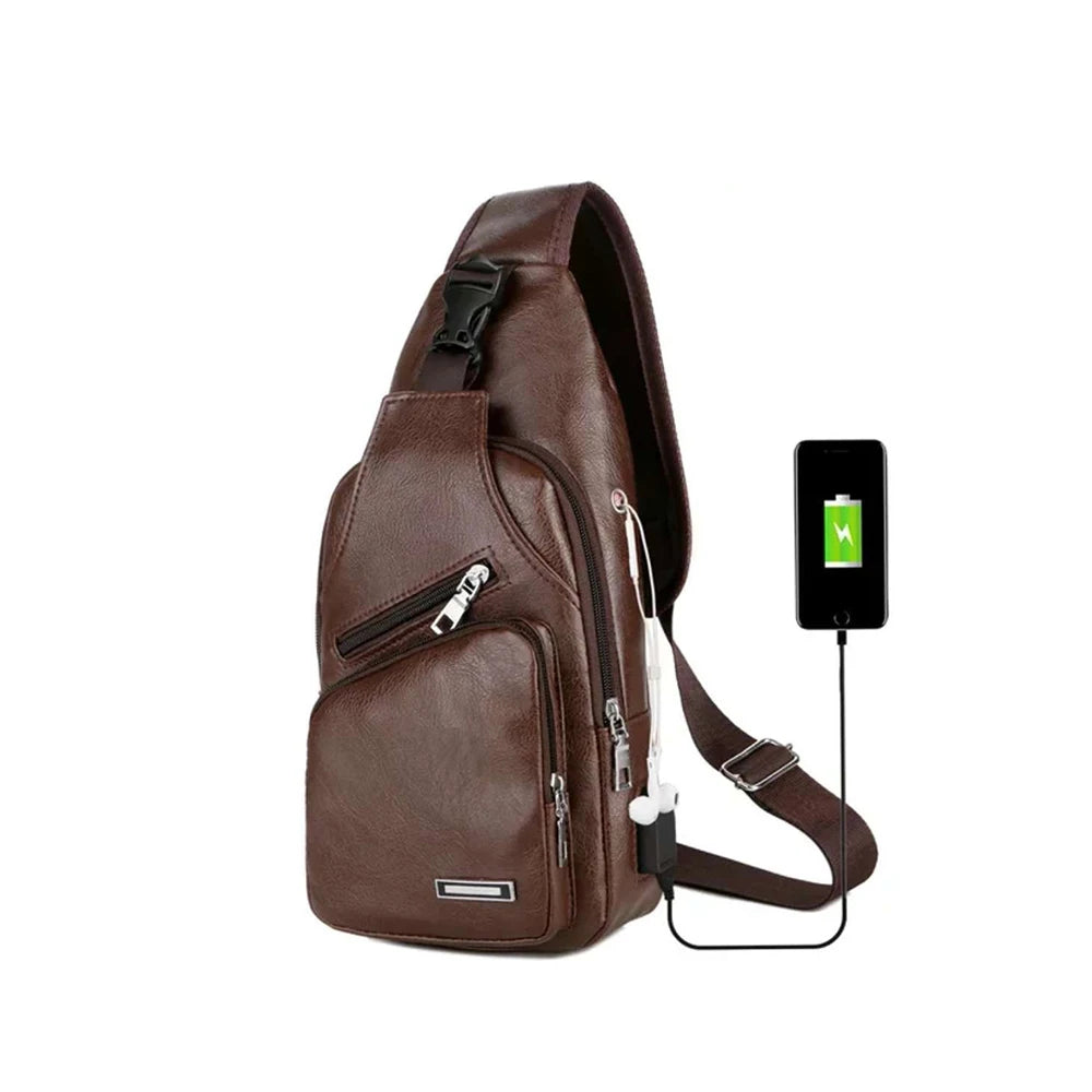 Simple and Fashionable Casual Solid Color PU Multifunctional USB Charging Zipper MEN'S Chest Bag Crossbody Bag for Commuting Dailymaxcare