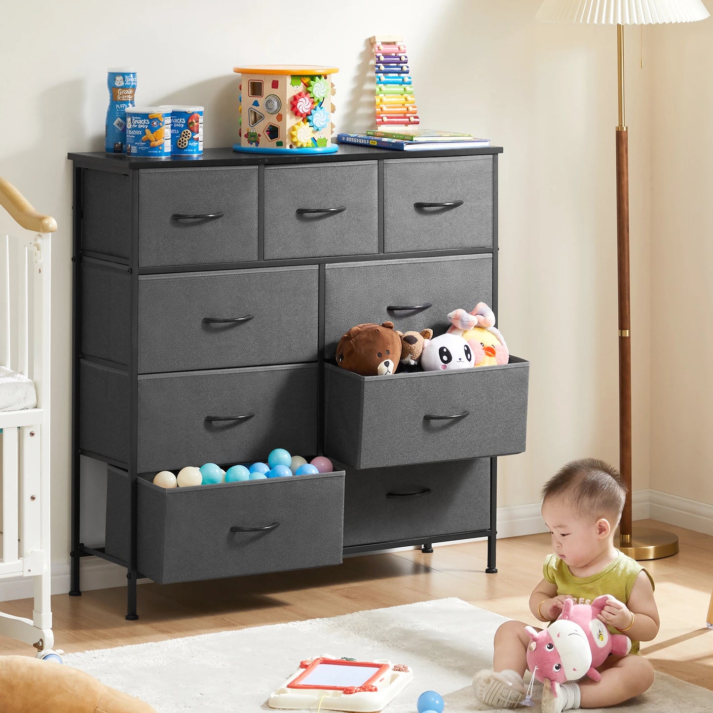 Dresser For Bedroom With 9 Fabric Storage Drawer Wardrobe Tall Chest Organizer Closet Adult Kids Clothes Wood Cabinet Furniture dailymaxcare