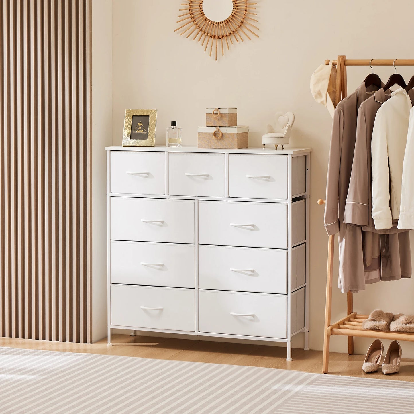 Dresser For Bedroom With 9 Fabric Storage Drawer Wardrobe Tall Chest Organizer Closet Adult Kids Clothes Wood Cabinet Furniture dailymaxcare