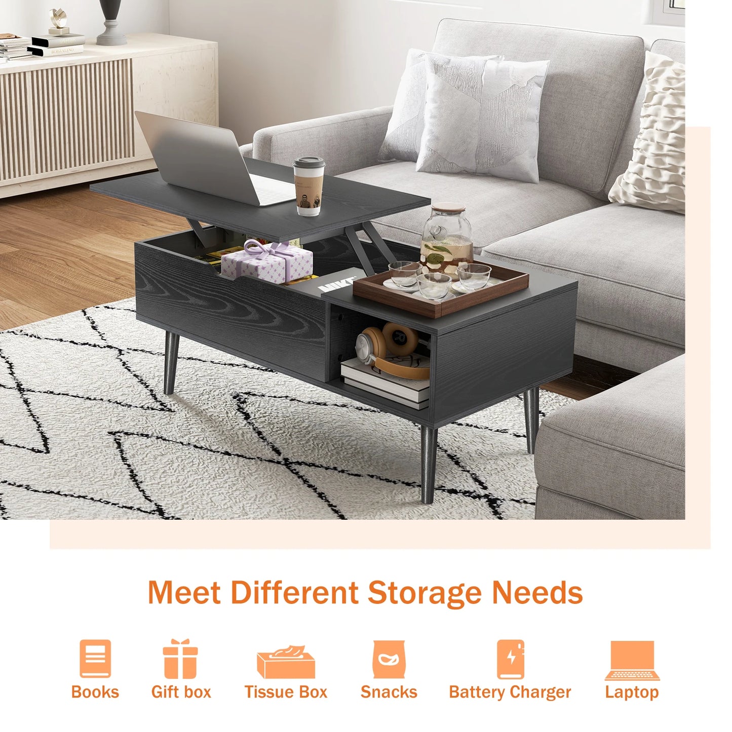 JHK Lift Top Coffee Tables 39.37"x19.7" Wood Dining Tables For Living Room With Adjustable Storage Shelf Easy To Lift Or Lower Dailymaxcare