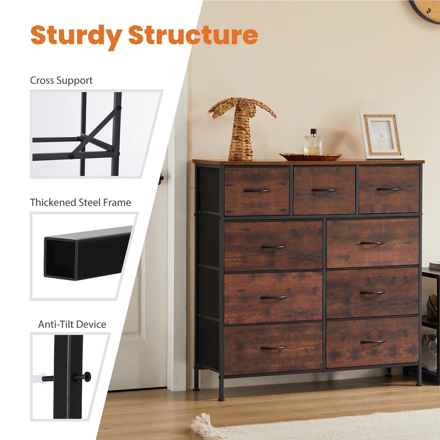 Dresser For Bedroom With 9 Fabric Storage Drawer Wardrobe Tall Chest Organizer Closet Adult Kids Clothes Wood Cabinet Furniture dailymaxcare