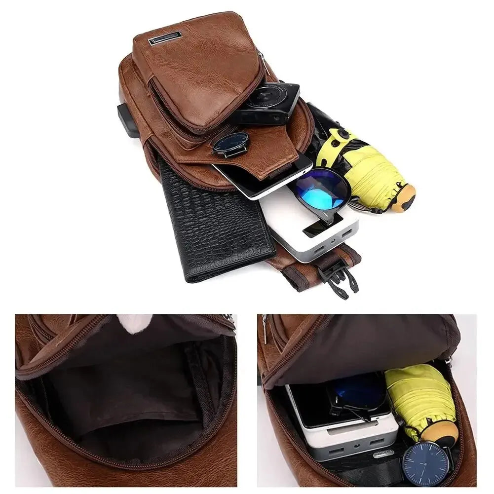 Simple and Fashionable Casual Solid Color PU Multifunctional USB Charging Zipper MEN'S Chest Bag Crossbody Bag for Commuting Dailymaxcare