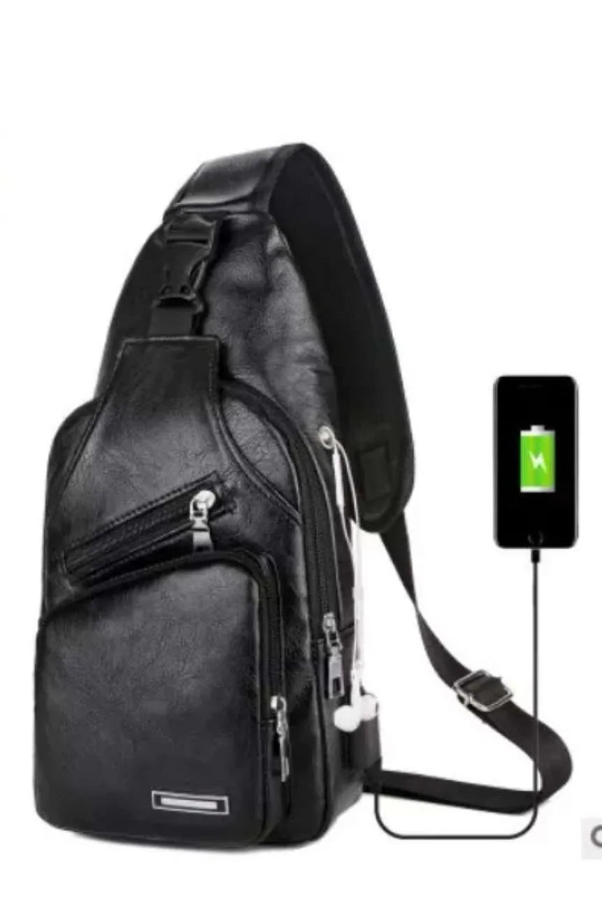 Simple and Fashionable Casual Solid Color PU Multifunctional USB Charging Zipper MEN'S Chest Bag Crossbody Bag for Commuting Dailymaxcare