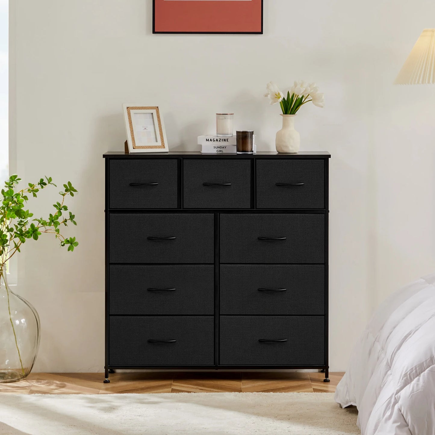 Dresser For Bedroom With 9 Fabric Storage Drawer Wardrobe Tall Chest Organizer Closet Adult Kids Clothes Wood Cabinet Furniture dailymaxcare