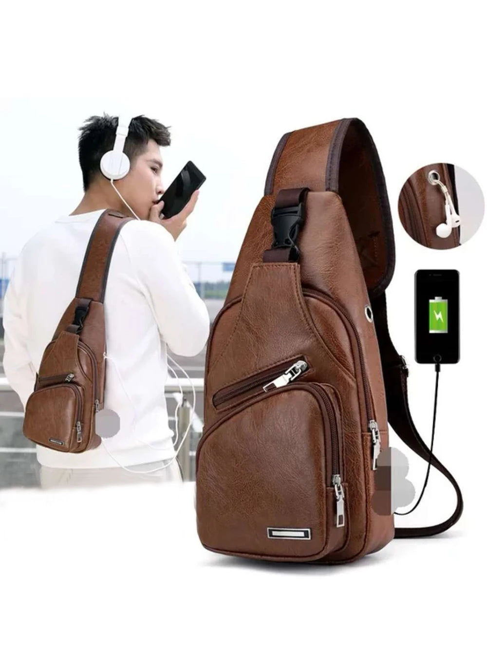 Simple and Fashionable Casual Solid Color PU Multifunctional USB Charging Zipper MEN'S Chest Bag Crossbody Bag for Commuting Dailymaxcare