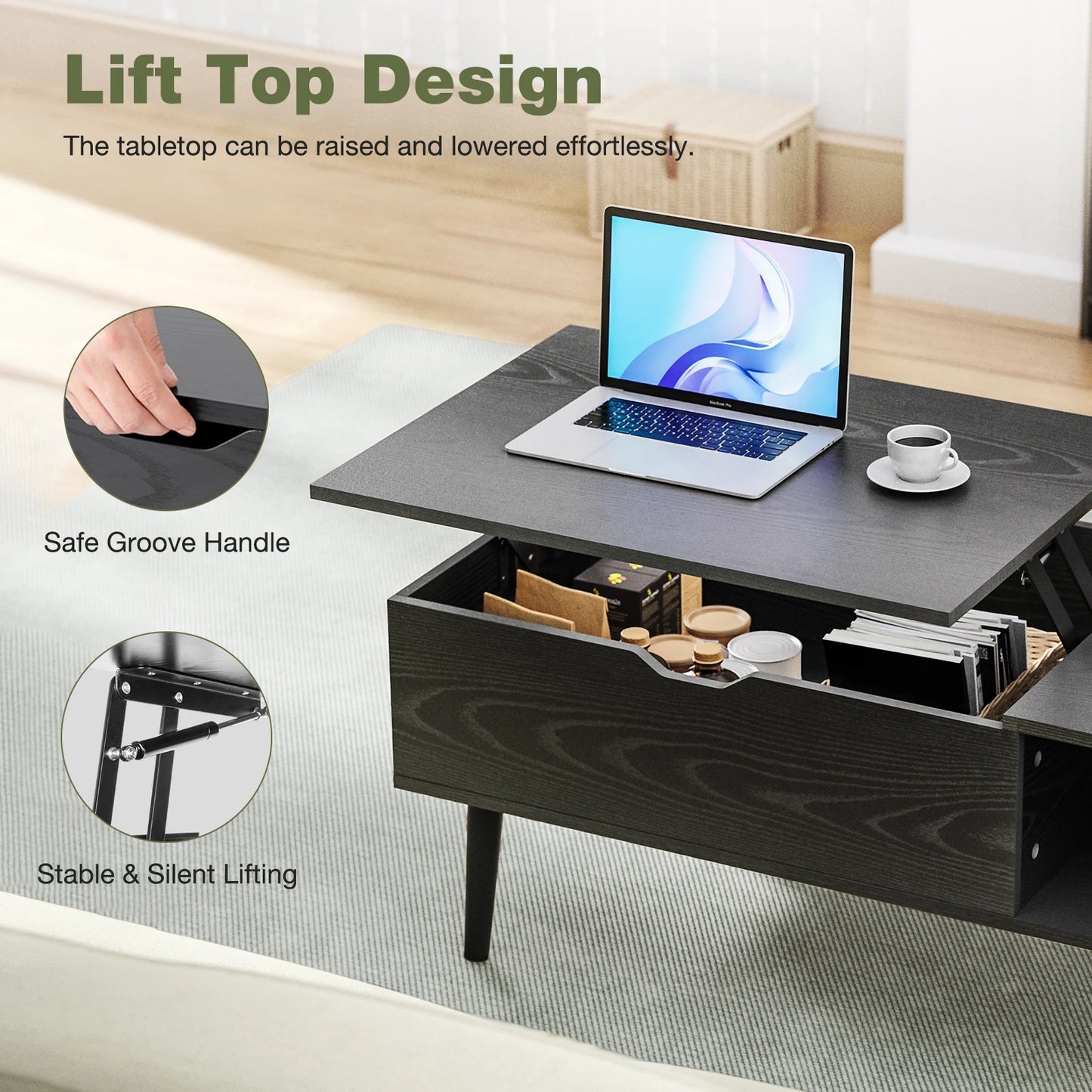 JHK Lift Top Coffee Tables 39.37"x19.7" Wood Dining Tables For Living Room With Adjustable Storage Shelf Easy To Lift Or Lower Dailymaxcare
