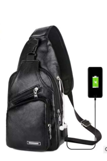 Simple and Fashionable Casual Solid Color PU Multifunctional USB Charging Zipper MEN'S Chest Bag Crossbody Bag for Commuting Dailymaxcare